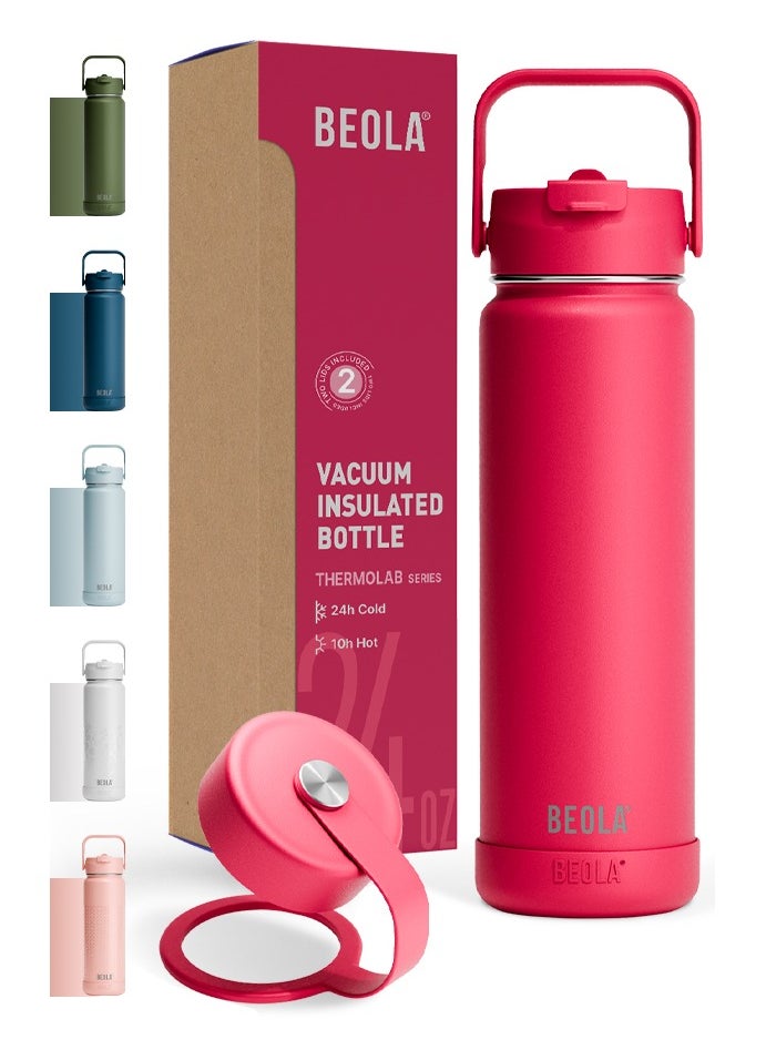 BEOLA 750ml Water Bottle 18/8 Stainless Steel 304 Double Wall Insulated Thermos Bottle with Straw Lid and wide mouth, 2 lids included, Hot Cold Liquids Sports Bottle, 24oz (Raspberry)  - Image 1