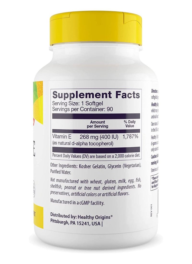 Healthy Origins Vitamin E, 400 IU SUpports healthy hair,skin and nails 268 MG 90 softgels  - Image 2
