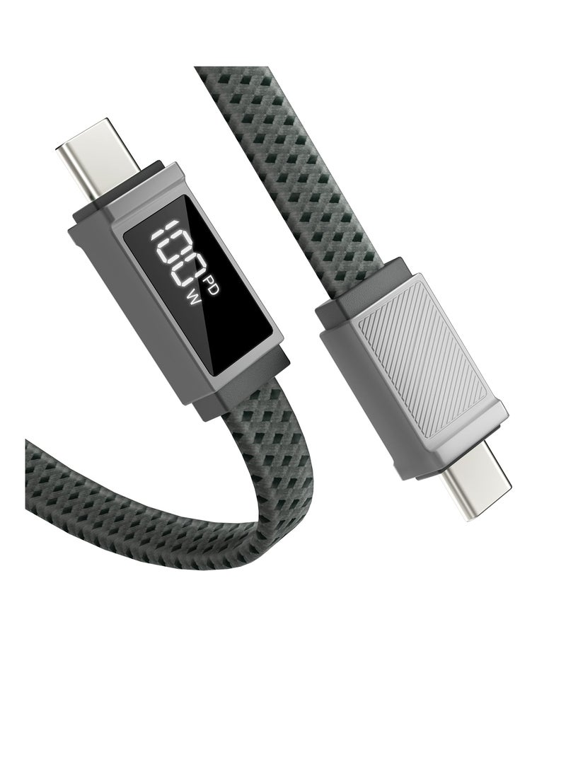 KASTWAVE كابل USB C إلى USB C، كابل USB C بقوة 100 واط مع شاشة، سلك مضفر مسطح مضاد للتشابك من نوع C لجهاز MacBook Pro، آيفون 15 برو ماكس، سامسونج جالاكسي S22/S21 ألترا، نوت 20، ديل XPS، بيكسل، رمادي - Image 1