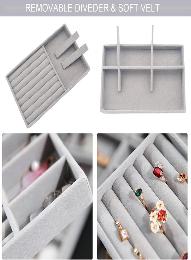 CLEGERZ 4 Pcs Stackable Velvet Jewelry Organizer For Drawer, Jewelry Storage Display Trays Showcase For Dresser, Earring Bracelet Necklace Ring Organizer Holder For Women Grey - Image 3