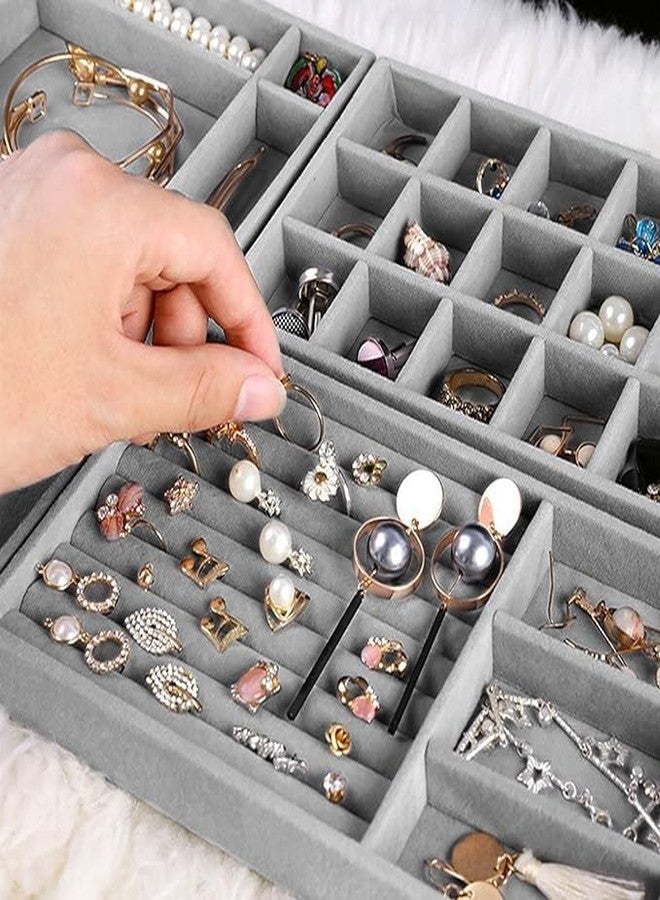 CLEGERZ 4 Pcs Stackable Velvet Jewelry Organizer For Drawer, Jewelry Storage Display Trays Showcase For Dresser, Earring Bracelet Necklace Ring Organizer Holder For Women Grey - Image 5