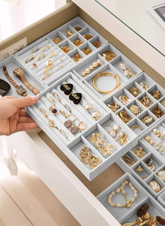 CLEGERZ 4 Pcs Stackable Velvet Jewelry Organizer For Drawer, Jewelry Storage Display Trays Showcase For Dresser, Earring Bracelet Necklace Ring Organizer Holder For Women Grey - Image 2