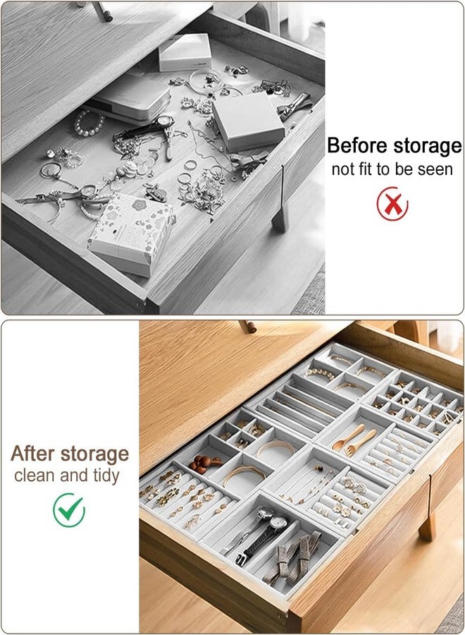CLEGERZ 4 Pcs Stackable Velvet Jewelry Organizer For Drawer, Jewelry Storage Display Trays Showcase For Dresser, Earring Bracelet Necklace Ring Organizer Holder For Women Grey - Image 4