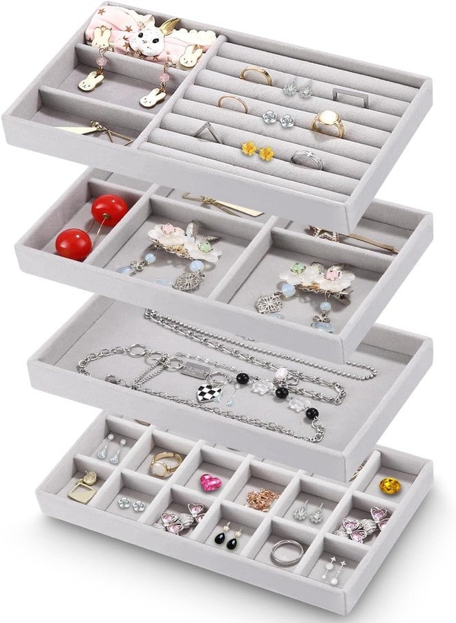 CLEGERZ 4 Pcs Stackable Velvet Jewelry Organizer For Drawer, Jewelry Storage Display Trays Showcase For Dresser, Earring Bracelet Necklace Ring Organizer Holder For Women Grey - Image 1