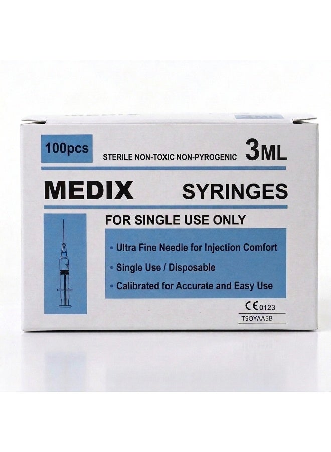 MEDIX Disposable Syringe 3ml for Medical & Clinical Use, Sterile Single-Use Syringes - Pack of 100 - Image 1