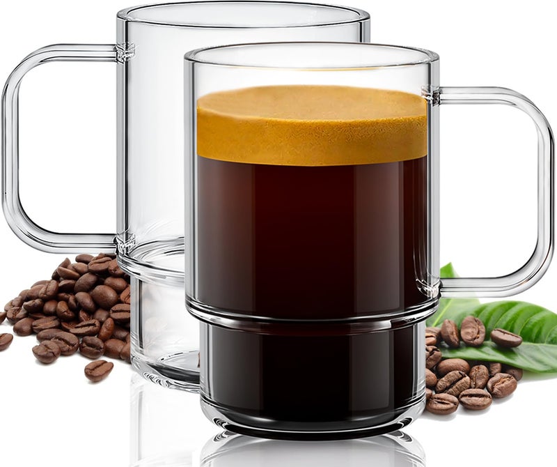 Aquach 18oz Stackable Glass Mugs with Handle Set of 2  Large Clear Coffee Cups for Latte Cappuccino Mocha Americano and Tea
