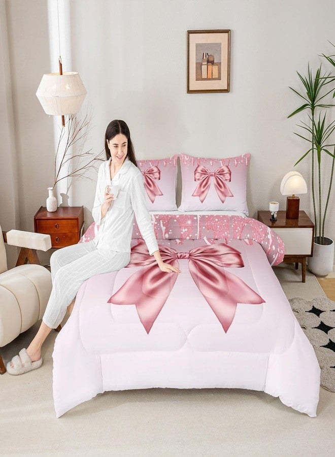 Homewish Pink Bowknot Kids Comforter Set Full Size,Pink Shimmer Dreamy Bow Tie Bedding Set,Girls Boys Adults Room Decor,Feminine Glamorous Fashion Down Comforter,Romantic Chic Duvet Insert,2 Pillowcases - Image 1
