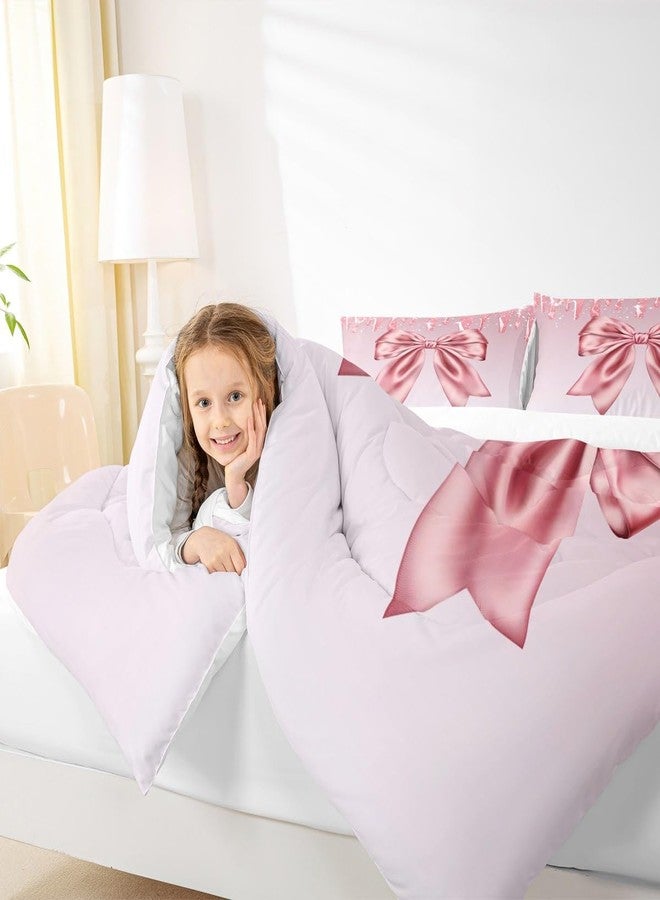 Homewish Pink Bowknot Kids Comforter Set Full Size,Pink Shimmer Dreamy Bow Tie Bedding Set,Girls Boys Adults Room Decor,Feminine Glamorous Fashion Down Comforter,Romantic Chic Duvet Insert,2 Pillowcases - Image 3