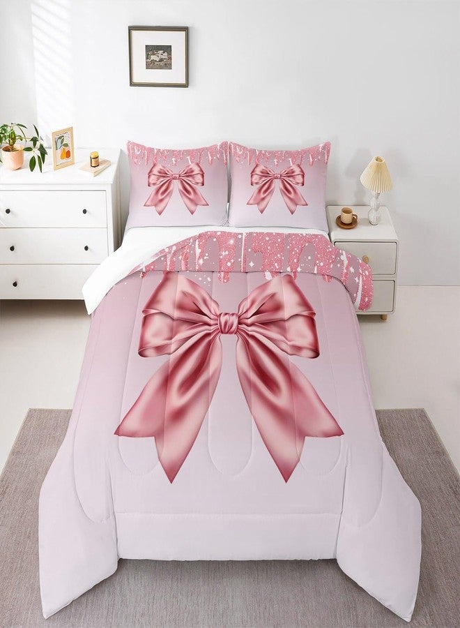 Homewish Pink Bowknot Kids Comforter Set Full Size,Pink Shimmer Dreamy Bow Tie Bedding Set,Girls Boys Adults Room Decor,Feminine Glamorous Fashion Down Comforter,Romantic Chic Duvet Insert,2 Pillowcases - Image 5