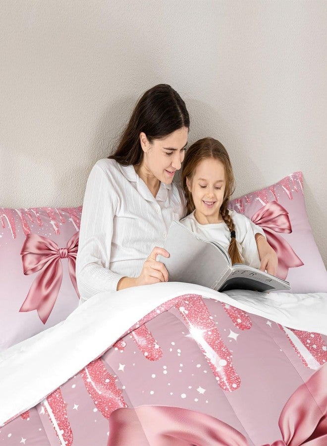 Homewish Pink Bowknot Kids Comforter Set Full Size,Pink Shimmer Dreamy Bow Tie Bedding Set,Girls Boys Adults Room Decor,Feminine Glamorous Fashion Down Comforter,Romantic Chic Duvet Insert,2 Pillowcases - Image 2