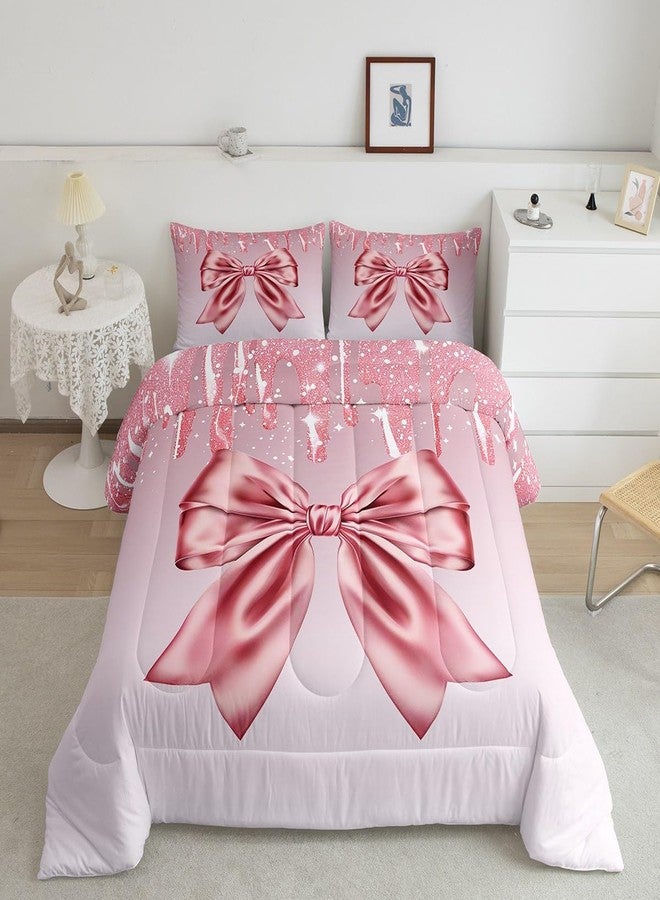 Homewish Pink Bowknot Kids Comforter Set Full Size,Pink Shimmer Dreamy Bow Tie Bedding Set,Girls Boys Adults Room Decor,Feminine Glamorous Fashion Down Comforter,Romantic Chic Duvet Insert,2 Pillowcases - Image 4