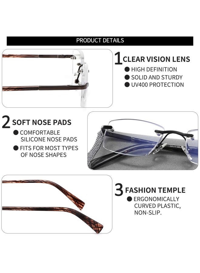 JJWELL 3 Pack Reading Glasses for Men Blue Light Blocking, Lightweight Rimless Metal Mens Eyeglasses Readers, Anti Eyestrain/Dryness/Computer Glare/UV 400, Spring Hinge Eyeglasses with Pouches - Image 4