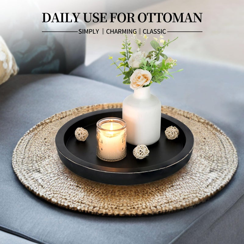 Hanobe Wooden Tray for Coffee Table: Candle Holder Plate Black Round Decorative Serving Tray - Vintage Table Centerpiece Rustic Farmhouse Home Decor - Image 2