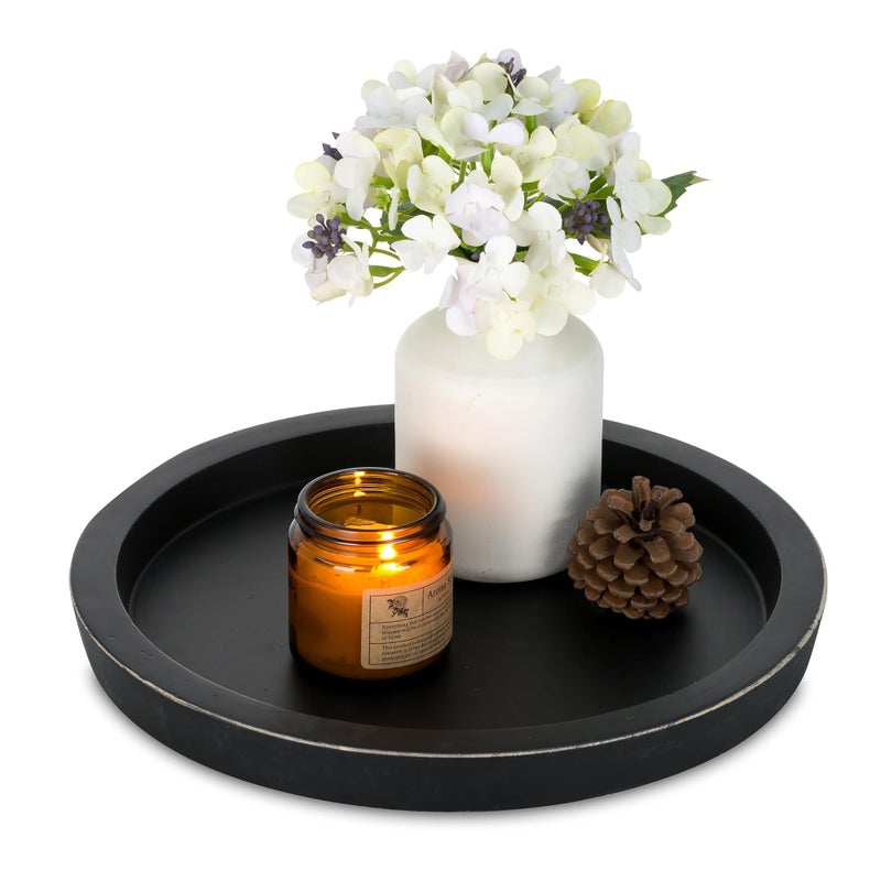 Hanobe Wooden Tray for Coffee Table: Candle Holder Plate Black Round Decorative Serving Tray - Vintage Table Centerpiece Rustic Farmhouse Home Decor - Image 1