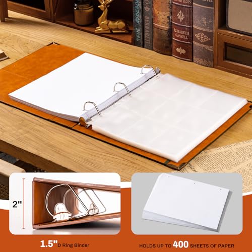 Ovesmusl Leather D Ring Binder Fits 85x11 Letter Size Paper 15 Inch DRing Binders Holds 400 Sheets Notepad Paper Cover Loose Leaf Organizer with Inner Pockets Green Tree - Image 3