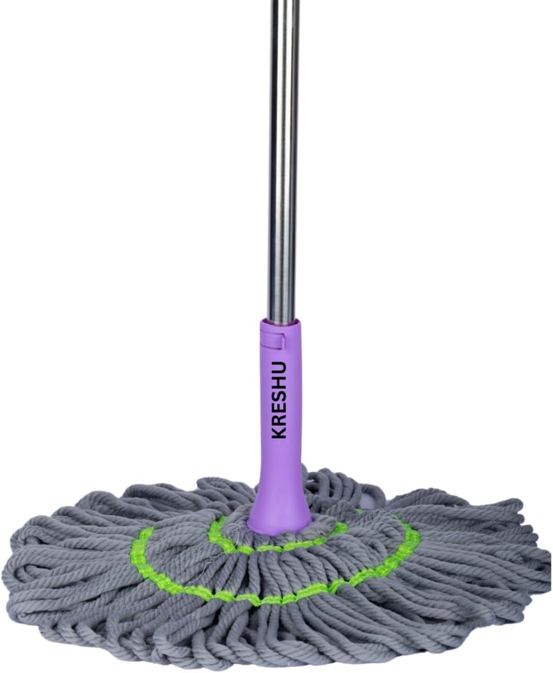 KRESHU Turkiy Handle Twist Mop Quick Dry Easy Self Wringing String Microfiber Handle Dust Removal Wet & Dry Floor Cleaning Adjustable Height Super Absorbent Rotating Hands Free Mop (Pack of 1) - Image 1