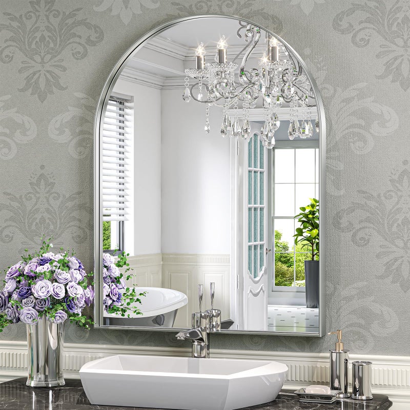 Brightify Arched Mirror, Arched Wall Mirror, 24 x 32 Inch Silver Arch Mirror, Metal Frame Silver Bathroom Mirror, Arched Top Bathroom Vanity Mirror for Living Room Bedroom Mantel Entryway Hallways - Image 1