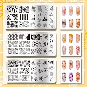PH PandaHall 3pcs Honeycomb Nail Stamping Plates Spring Bee Honey Nail Stamper Sunflower Nail Art Stencils Print Nail Stencils Stainless Steel Nail Image Plate for Nail Art Design Manicure Salon - Image 3