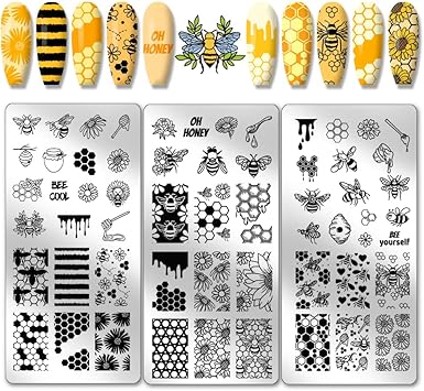 PH PandaHall 3pcs Honeycomb Nail Stamping Plates Spring Bee Honey Nail Stamper Sunflower Nail Art Stencils Print Nail Stencils Stainless Steel Nail Image Plate for Nail Art Design Manicure Salon - Image 1