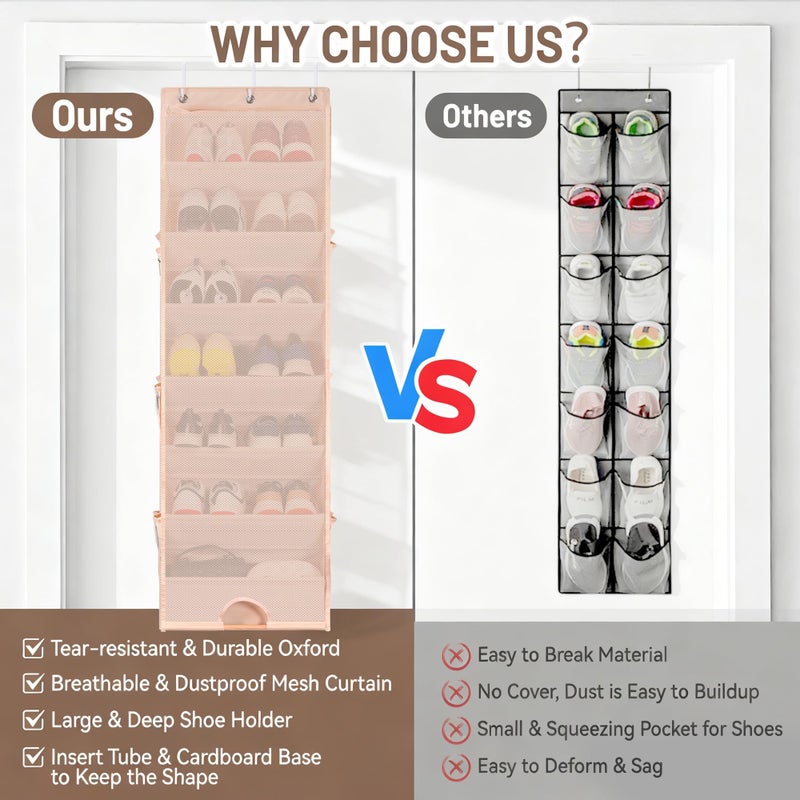 Outink 7 Tier Over The Door Shoe Organizer, Hanging Shoe Rack for Closet with Dustproof Mesh Curtain & 6 Side Pockets, Behind The Door Narrow Shoe Holder Hanger for Sneakers, Boots (Beige) - Image 5