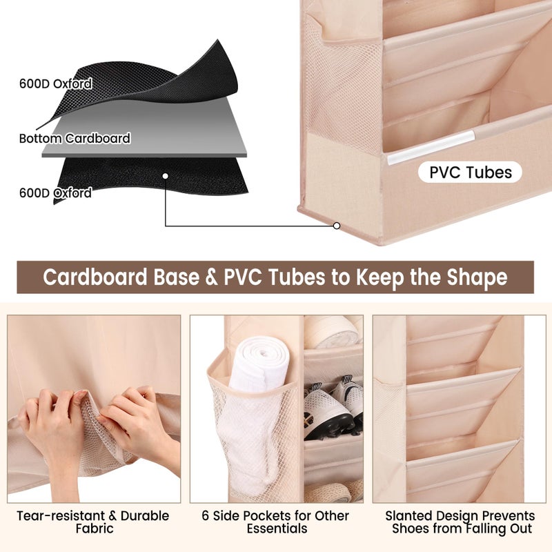 Outink 7 Tier Over The Door Shoe Organizer, Hanging Shoe Rack for Closet with Dustproof Mesh Curtain & 6 Side Pockets, Behind The Door Narrow Shoe Holder Hanger for Sneakers, Boots (Beige) - Image 3