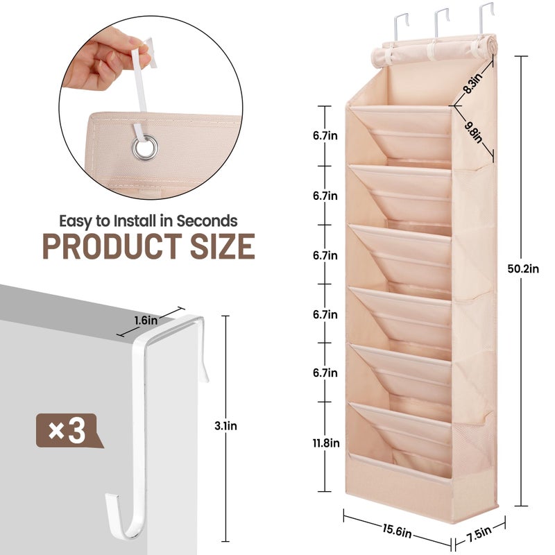Outink 7 Tier Over The Door Shoe Organizer, Hanging Shoe Rack for Closet with Dustproof Mesh Curtain & 6 Side Pockets, Behind The Door Narrow Shoe Holder Hanger for Sneakers, Boots (Beige) - Image 2