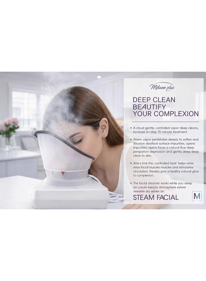 Milano Plus Professional Facial Steamer for Home Spa & Deep Cleaning–2-in-1Warm Steam Vaporizer and Humidifier for Skin Care, Pore Cleansing, Hydration & Relaxation – Auto Shut-Off,350W–Suitable for Men & Women - Milano Plus - Image 2