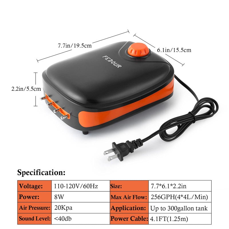 FEDOUR 4W/5W/8W Aquarium Corded Electric Air Pump, 96GPH/160GPH/256GPH Dual Outlets 4 Outlets Oxygen Pump, Ultra Quiet Aquarium Bubbler for up to 300 Gallon Fish and Turtle Tank (4 Outlets-8W) - Image 4