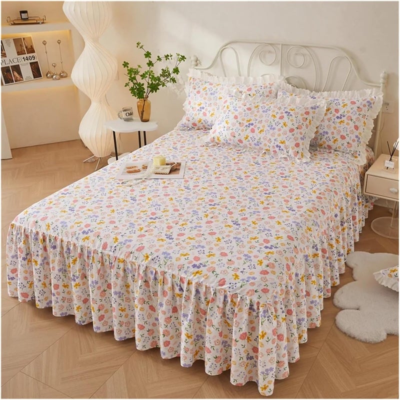 Ruffle Bed Skirt 3Pcs Floral Printed Bed Skirt Set Cotton Soft Bedspread Princess Style Bedroom Cover with Pillowcases(Color-02,150x200x45cm 3Pcs) - Image 1