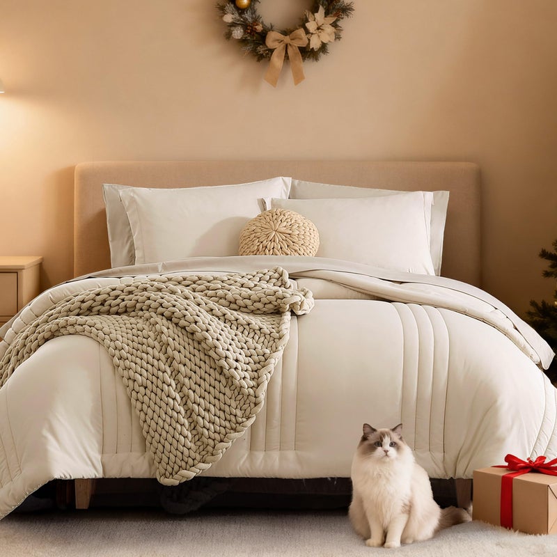 Monbix Queen Comforter Set - 7 Pieces Beige Bed in a Bag Queen Bedding Sets with Comforters, All Seasons Comforter Bed Set with Sheets,Pillowcases & Shams - Image 1