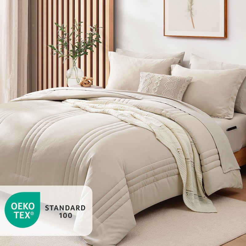 Monbix Queen Comforter Set - 7 Pieces Beige Bed in a Bag Queen Bedding Sets with Comforters, All Seasons Comforter Bed Set with Sheets,Pillowcases & Shams - Image 4