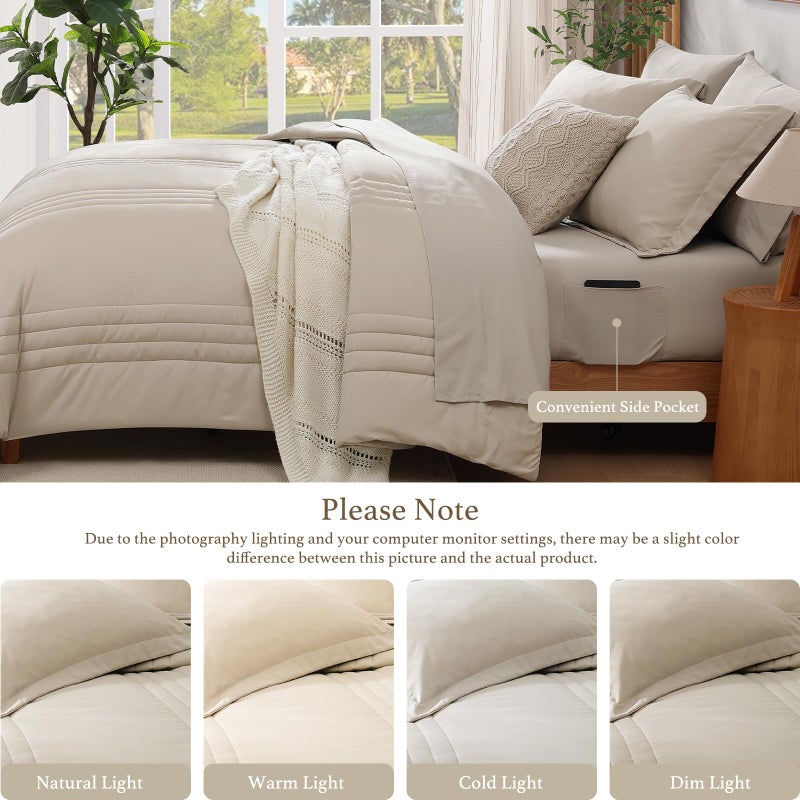 Monbix Queen Comforter Set - 7 Pieces Beige Bed in a Bag Queen Bedding Sets with Comforters, All Seasons Comforter Bed Set with Sheets,Pillowcases & Shams - Image 5