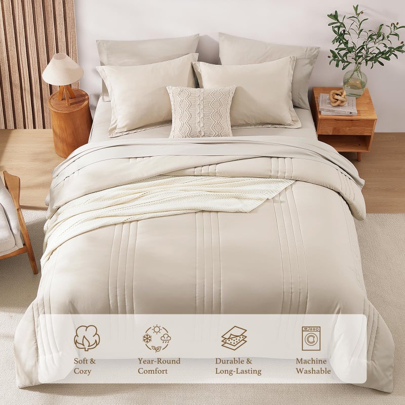 Monbix Queen Comforter Set - 7 Pieces Beige Bed in a Bag Queen Bedding Sets with Comforters, All Seasons Comforter Bed Set with Sheets,Pillowcases & Shams - Image 3
