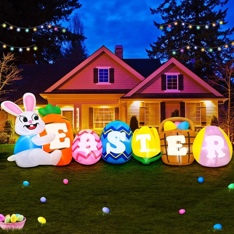 KOOY 10FT Long Easter Inflatables Outdoor Decorations Inflatable Bunny Banner Decor Blow Up Yard Decorations with Lights Home Party Easter Decoration - Image 1