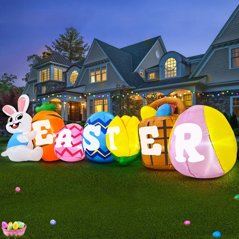 KOOY 10FT Long Easter Inflatables Outdoor Decorations Inflatable Bunny Banner Decor Blow Up Yard Decorations with Lights Home Party Easter Decoration - Image 4