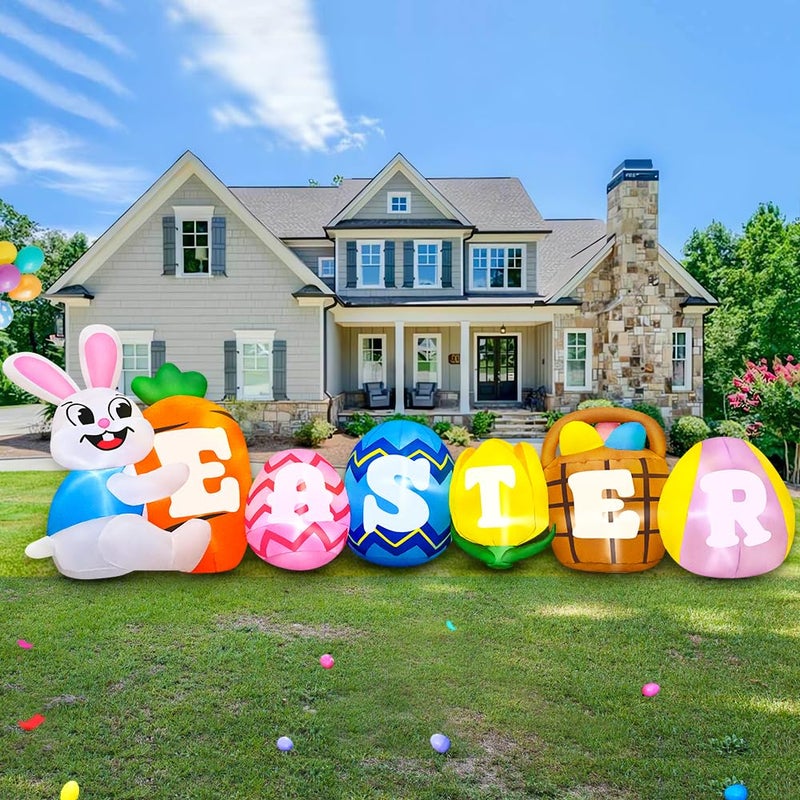 KOOY 10FT Long Easter Inflatables Outdoor Decorations Inflatable Bunny Banner Decor Blow Up Yard Decorations with Lights Home Party Easter Decoration - Image 3