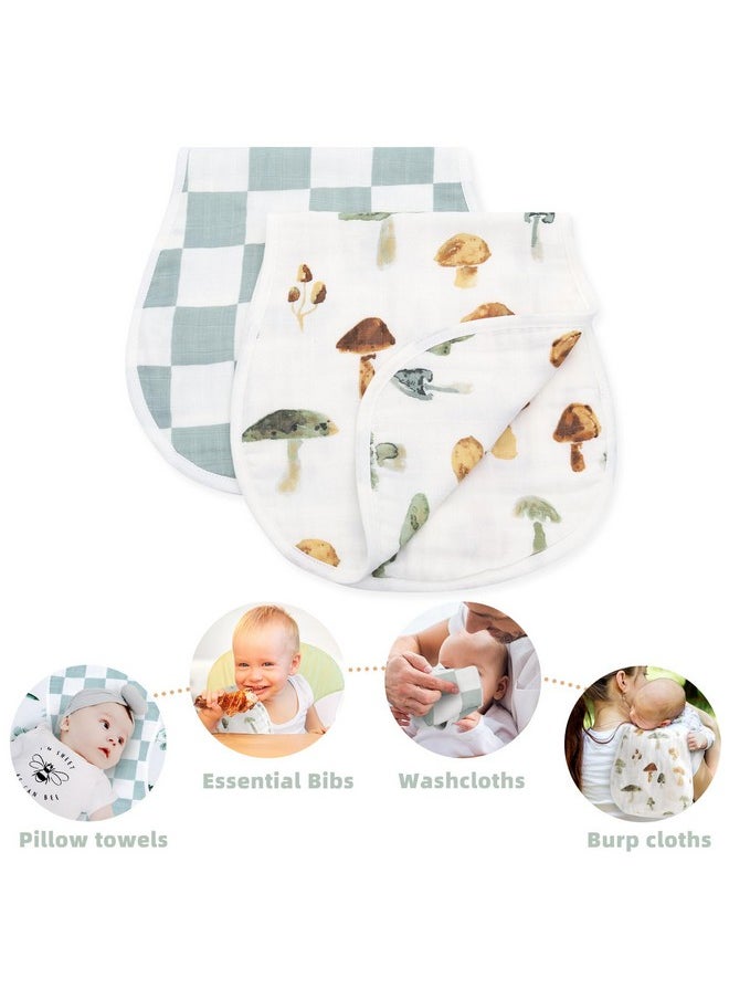 LifeTree Muslin Baby Burp Cloths - 2 Pack 70% Viscose From Bamboo And 30% Cotton Large 22'' By 10'' Absorbent Milk Spit Up Rags - Burping Cloths For Newborn, Girls Boys, Mushroom And Green Checkered  - Image 2