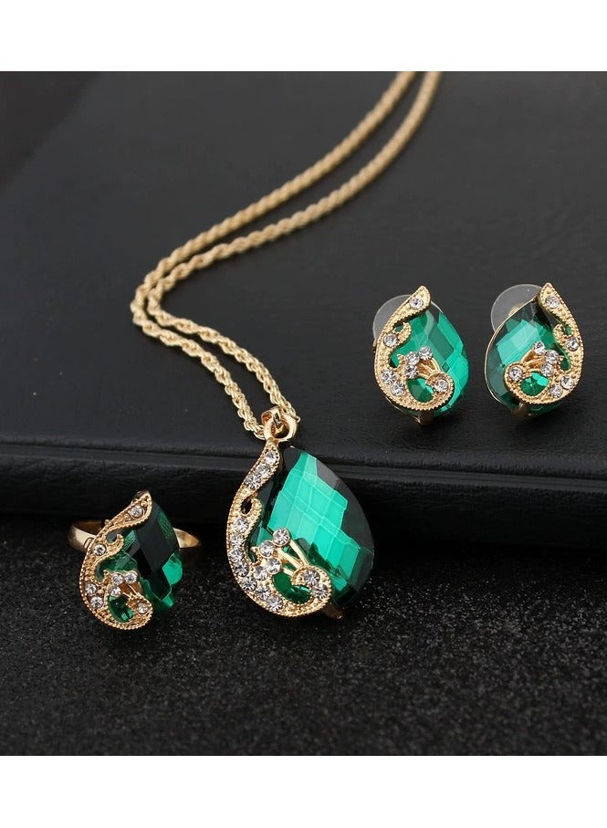 Goolsky Vintage Peacock Green Crystal Jewelry Set – Formal Necklace & Earrings, Perfect for Prom & Evening Event Accessories - Image 1