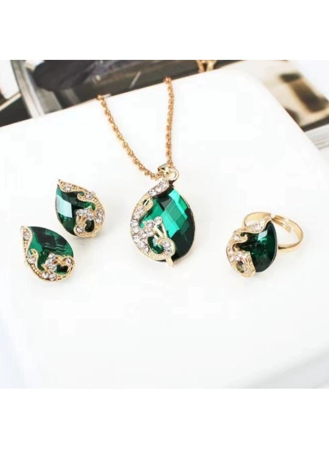 Goolsky Vintage Peacock Green Crystal Jewelry Set – Formal Necklace & Earrings, Perfect for Prom & Evening Event Accessories - Image 3