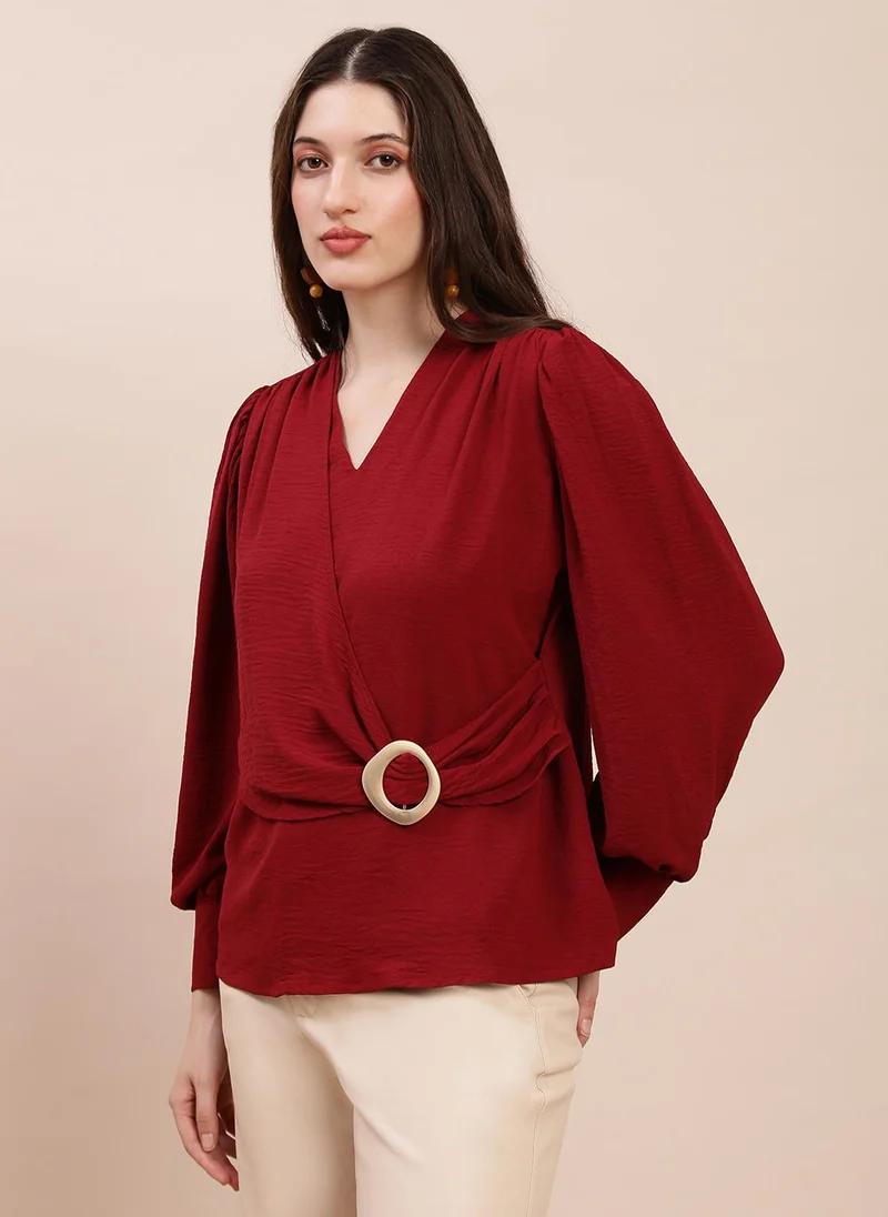 globus Globus Women Maroon V-Neck Cuff Sleeves Self Design Buckle Detail Workwear Top