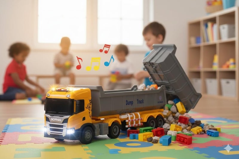 The Toys Home Licensed Scania P410 Dump Truck Toy with LED Lights, Friction Powered, Tipping Dump Bed Construction Vehicle, Yellow and Grey - Image 3