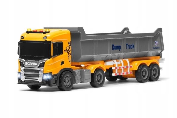 The Toys Home Licensed Scania P410 Dump Truck Toy with LED Lights, Friction Powered, Tipping Dump Bed Construction Vehicle, Yellow and Grey - Image 1