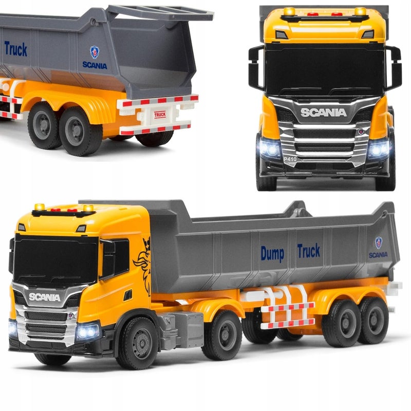 The Toys Home Licensed Scania P410 Dump Truck Toy with LED Lights, Friction Powered, Tipping Dump Bed Construction Vehicle, Yellow and Grey - Image 5