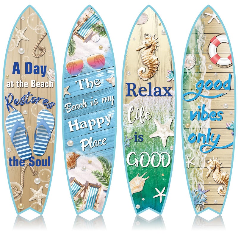 Blulu 4 Pcs Surfboard Wall Decor Surfboard Wall Hanging Sign Wooden Beach Decoration Summer Theme Decor Hawaiian Luau Party Decoration for Home Bar Aloha Tropical Birthday PartyBeach