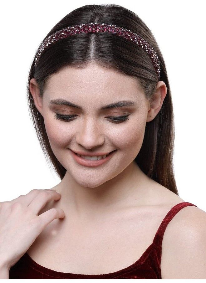 Vogue Hair Accessories Crystal Beaded Plastic Fancy Party Wedding Hairband For Women And Girls Pack Of 1 Burgandy  - Image 3