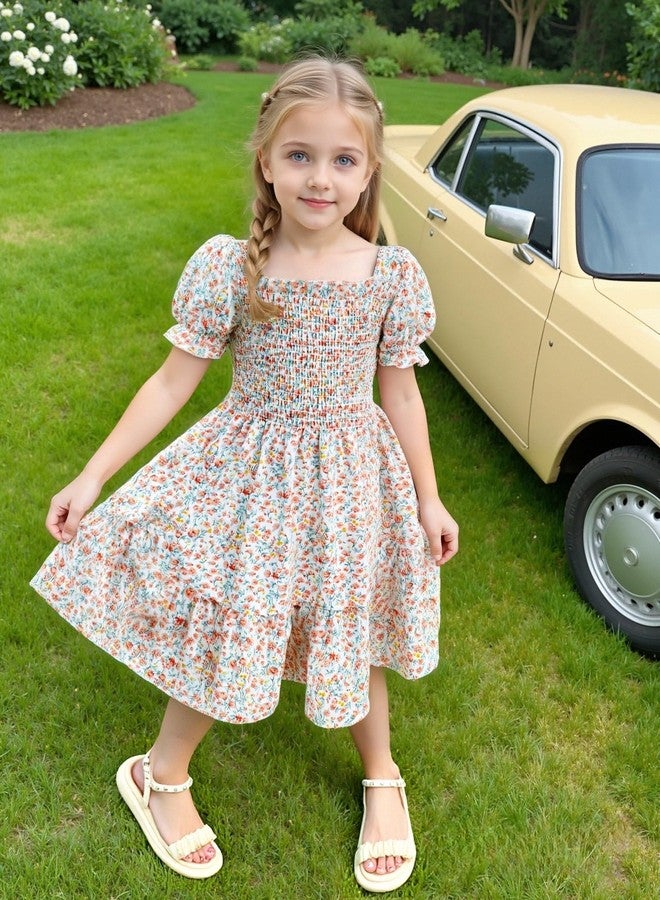 AGQT Toddler Girls Floral Dress Square Neck Puff Sleeve A-Line Smocked Dress with Bag - Orange, Size 4-5T - Image 3