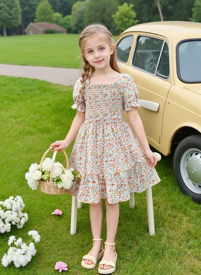 AGQT Toddler Girls Floral Dress Square Neck Puff Sleeve A-Line Smocked Dress with Bag - Orange, Size 4-5T - Image 2