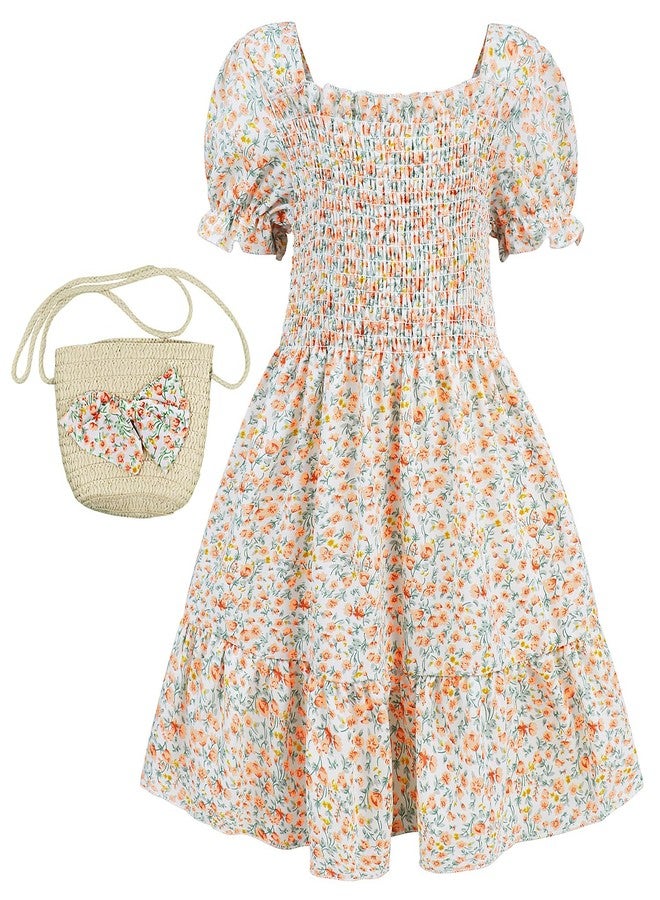 AGQT Toddler Girls Floral Dress Square Neck Puff Sleeve A-Line Smocked Dress with Bag - Orange, Size 4-5T - Image 1