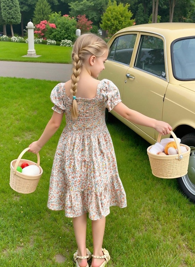 AGQT Toddler Girls Floral Dress Square Neck Puff Sleeve A-Line Smocked Dress with Bag - Orange, Size 4-5T - Image 5