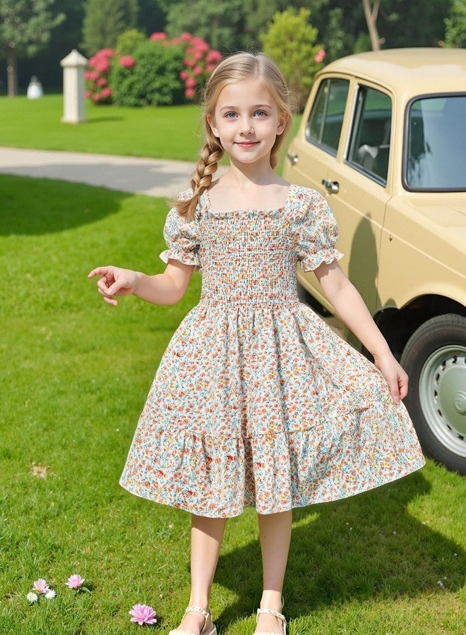 AGQT Toddler Girls Floral Dress Square Neck Puff Sleeve A-Line Smocked Dress with Bag - Orange, Size 4-5T - Image 4
